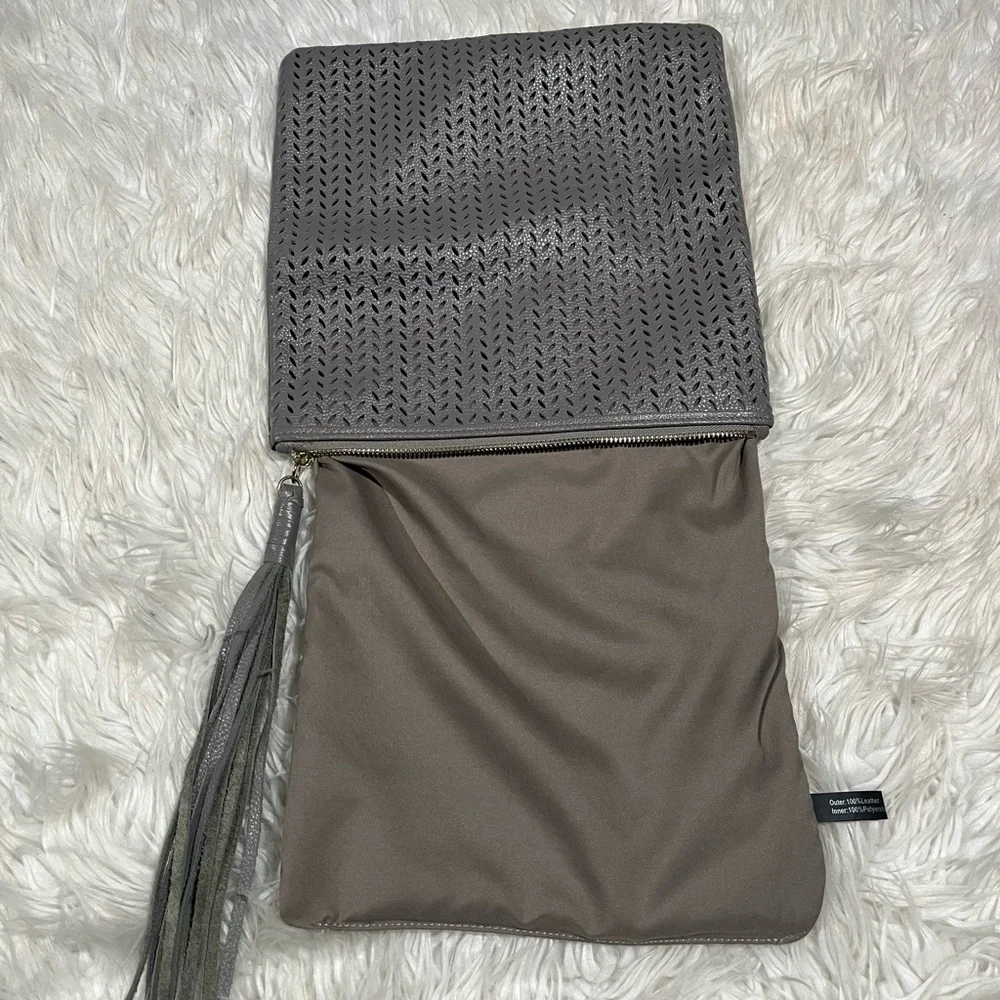 B-Low the Belt Genuine Leather Gray Perforated Fold Over Leather Clutch Tassel